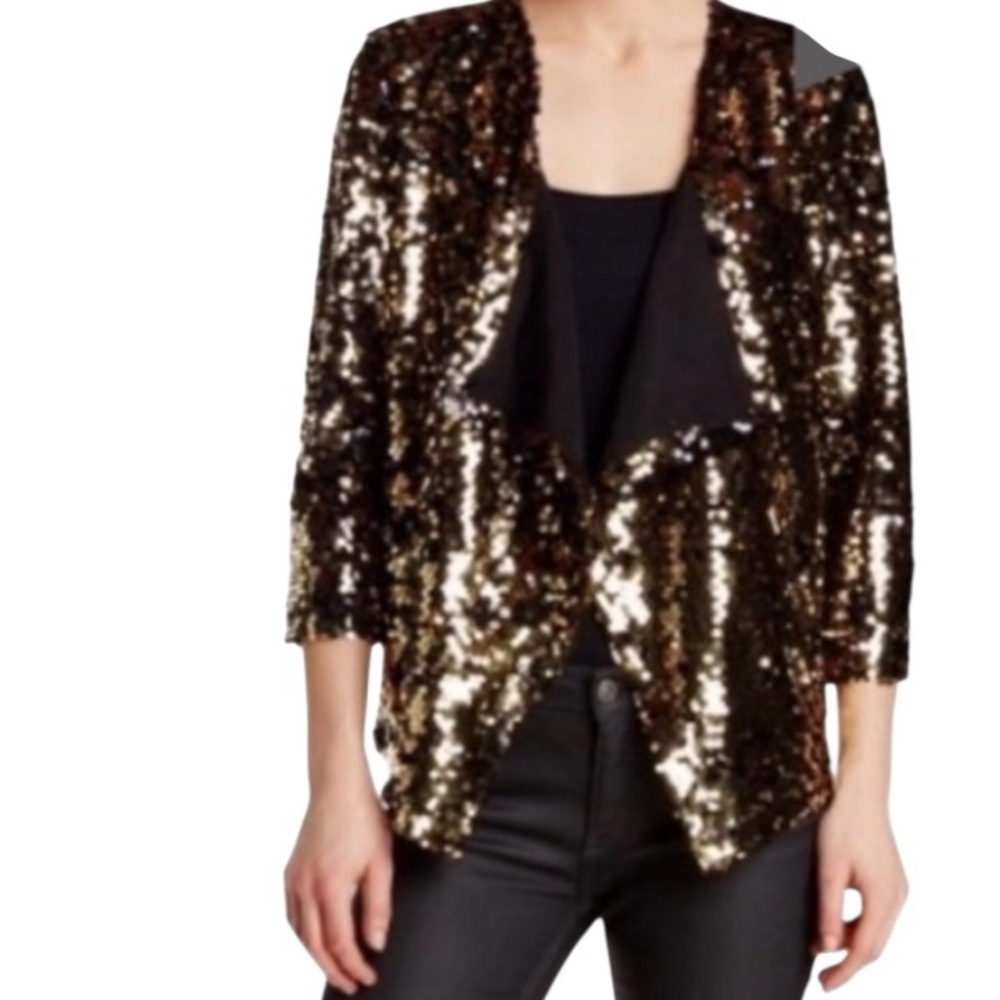 Free Press Shine Cardigan  Sequined Open-Front Blazer Jacket - Gold